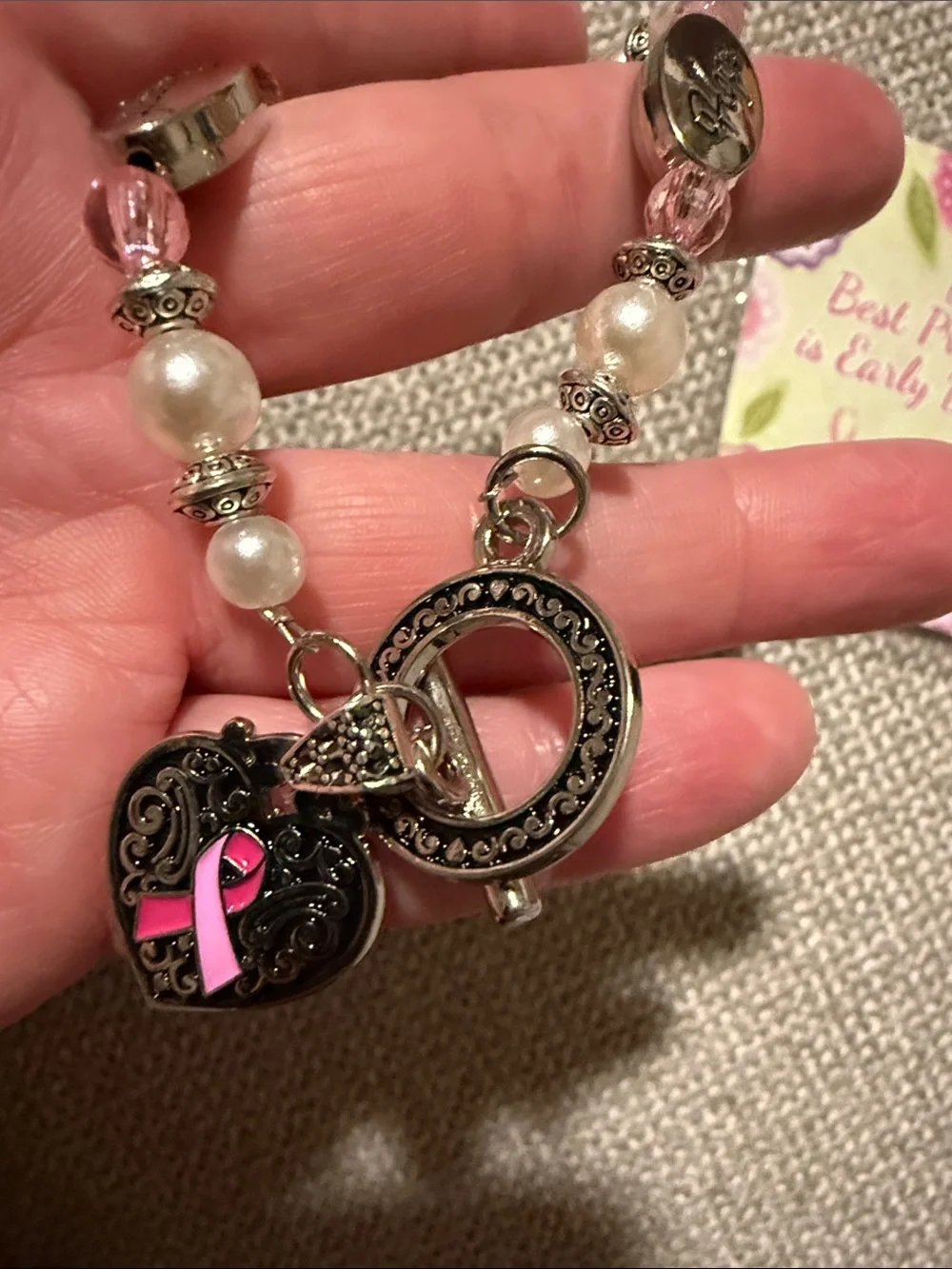 Breast Cancer Hope Courage & Strength Pink Ribbon Beaded Toggle Bracelet